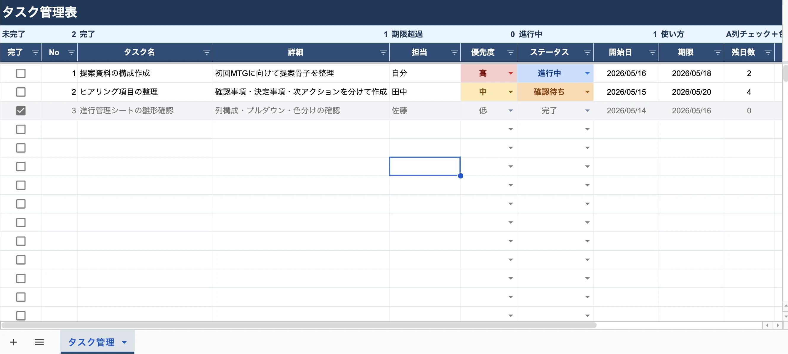 ChatGPTが構築したタスク管理表で、色付きプルダウンやチェックボックスが設定されているGoogleスプレッドシート画面