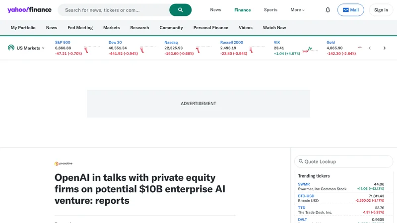 OpenAIが企業向けAI合弁会社設立をPEファームと協議中というYahoo Financeの報道スクリーンショット