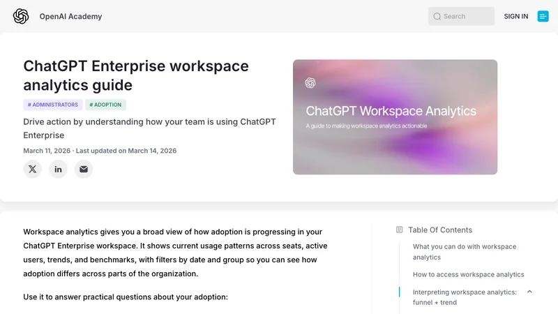 OpenAI AcademyのChatGPT Enterprise workspace analytics guideのスクリーンショット