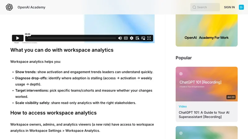 OpenAI Academyのworkspace analytics活用ポイントのスクリーンショット