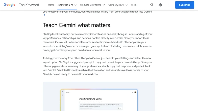 Google公式ブログのGemini memory import説明画面