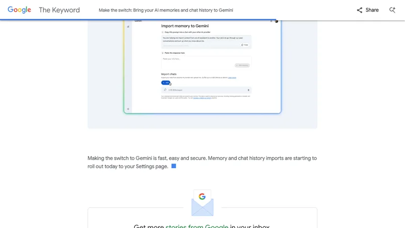 Google公式ブログのGemini chat history import画面