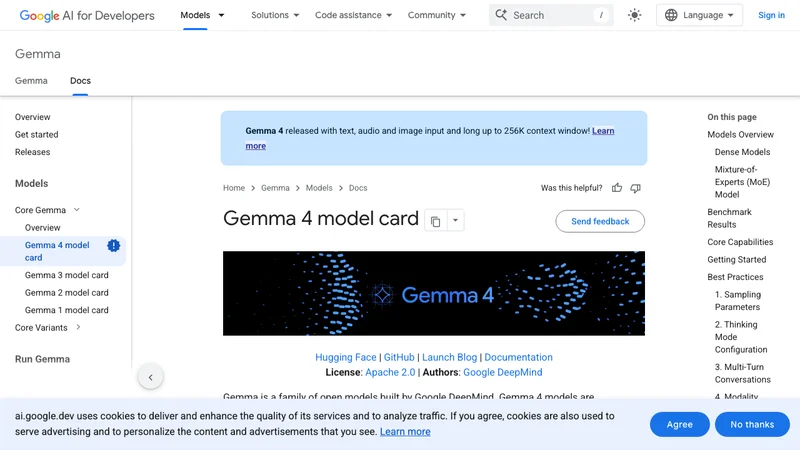 Google AI for Developers Gemma 4 モデルカード 公式ページ Apache 2.0