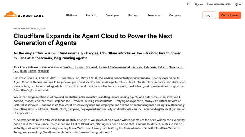 Cloudflare Agent Cloudの2026年4月13日プレスリリース