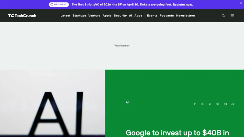 TechCrunchによるGoogle Anthropic 400億ドル投資記事のスクリーンショット