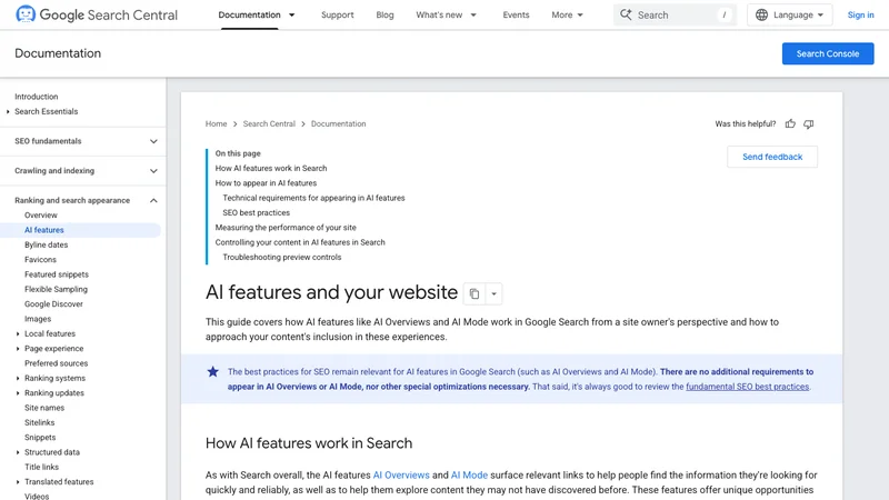 Google Search CentralのAI features and your websiteページ
