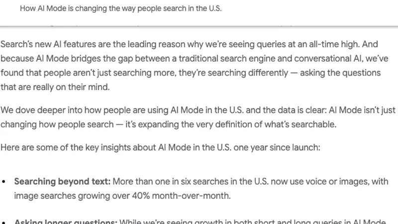 Google AI Modeの利用データを示す公式スクリーンショット