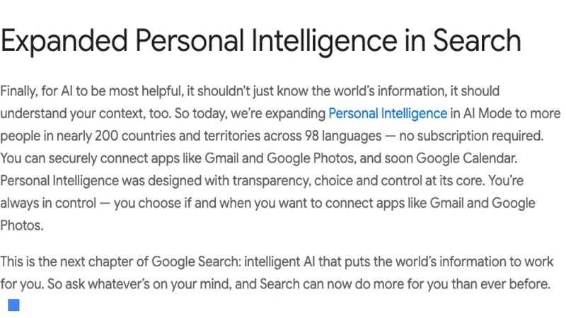 Google SearchのPersonal Intelligence拡大を示す公式スクリーンショット