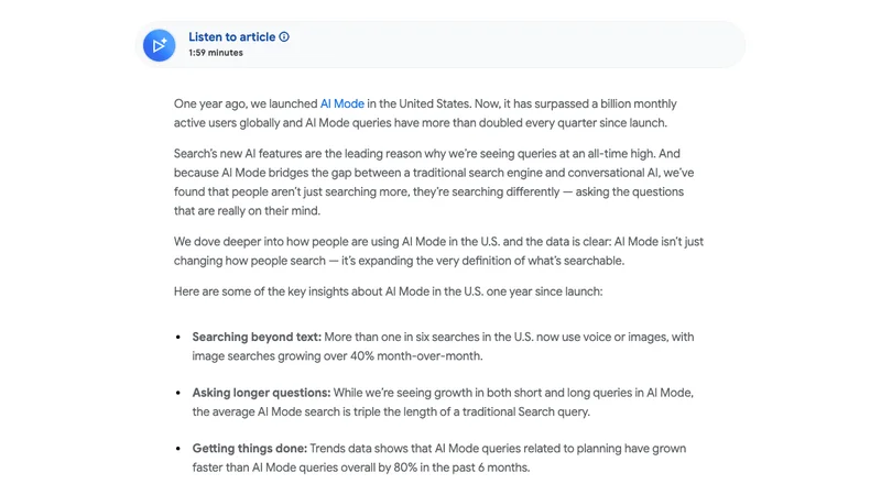 Google AI Modeの長文化した検索傾向を示す公式スクリーンショット