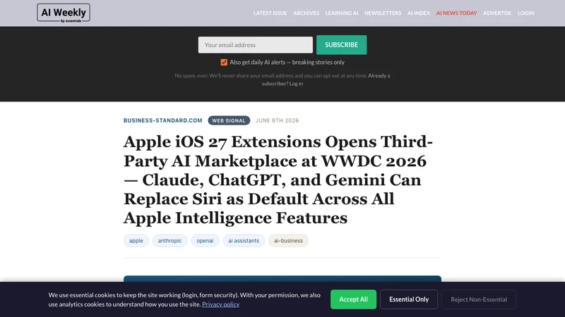 AI Weekly：iOS 27 ExtensionsでClaude・ChatGPT・GeminiがSiriのデフォルトAIに設定可能になると報じた記事