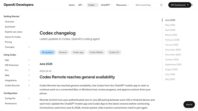 OpenAI DevelopersのCodex changelogで2026年6月25日のCodex Remote reaches general availabilityを示すスクリーンショット