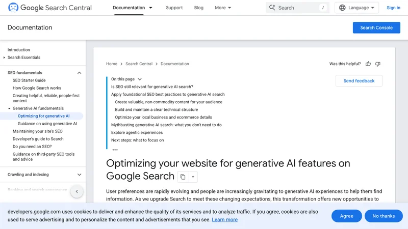 Googleが2026年5月15日に公開したGoogle検索の生成AI機能向け最適化ガイドの公式ページ