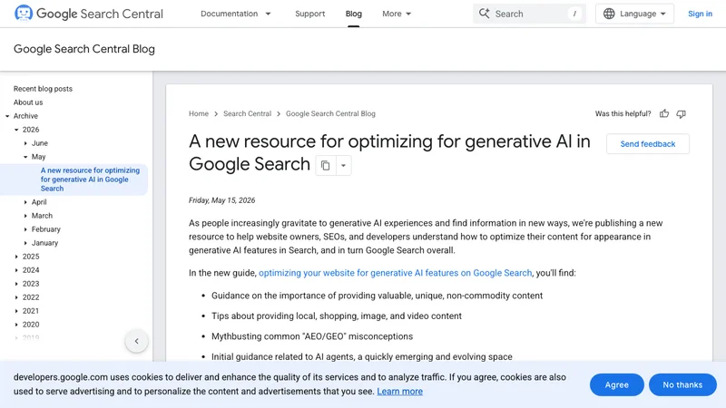 Google Search Central Blogが2026年5月15日に公開したAI検索最適化リソース紹介記事のスクリーンショット