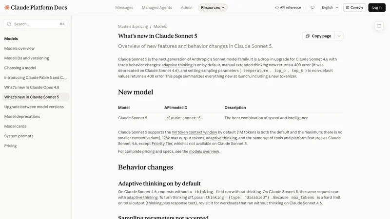 Claude Platform DocsのWhat's new in Claude Sonnet 5ページ