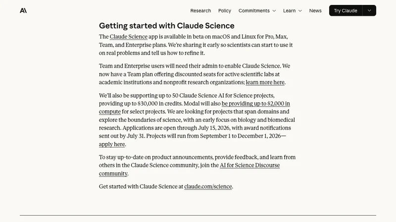 Claude Scienceの支援枠と応募締切が記載された公式ページ