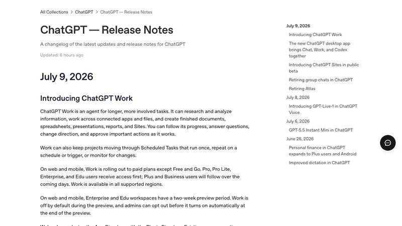 OpenAI Help CenterのChatGPT Workリリースノート
