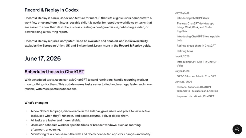 OpenAI Help CenterのScheduled tasks in ChatGPT案内