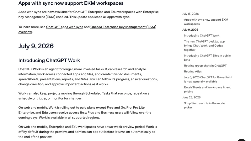 OpenAIの7月15日付リリースノートでEKM対応を案内する画面