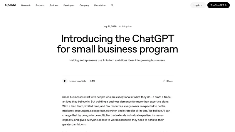 OpenAIが公開したChatGPT for small business programの案内ページ