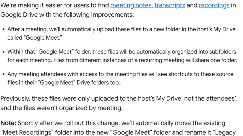 Google Workspace Updatesの発表でGoogle Meetフォルダ整理の要点が示されている画面