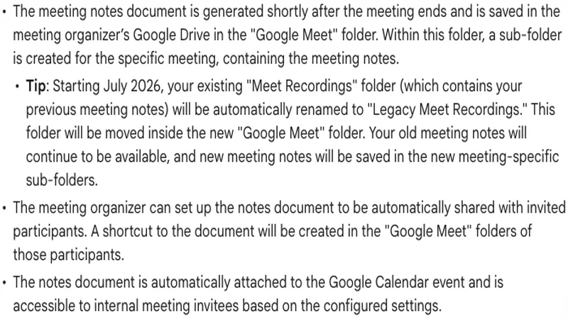 Google Meet Helpで議事録の保存先と共有設定が説明されている画面