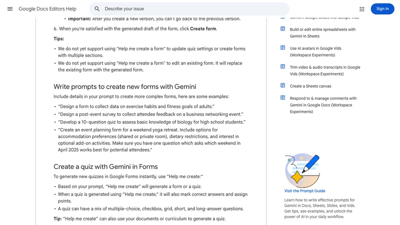 Google HelpでGoogle FormsのGeminiクイズ作成手順が説明されている画面