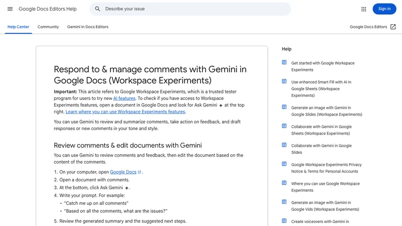 Google HelpでGoogle DocsのGeminiコメント管理手順とプロンプト例が説明されている画面