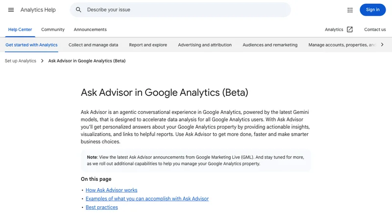 Google Analytics HelpのAsk Advisor紹介画面