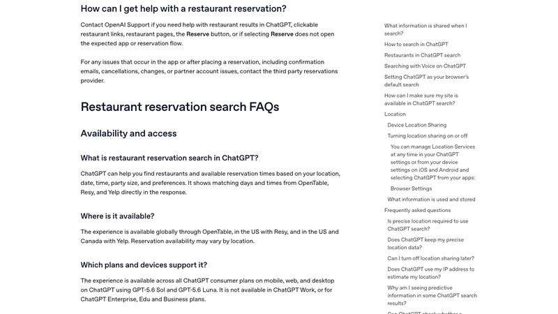 OpenAI Help CenterのFAQに掲載されたレストラン予約機能の提供範囲と対応プラン