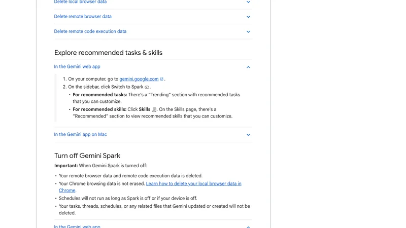Gemini SparkのDelete remote browser dataを説明するGoogle公式ヘルプ画面