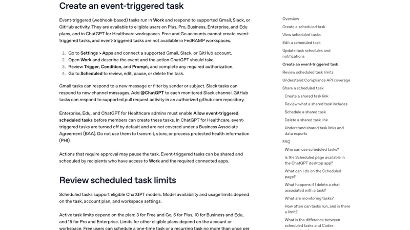 OpenAI Help CenterのScheduled tasksヘルプでevent-triggered taskの条件と承認ルールを説明する画面