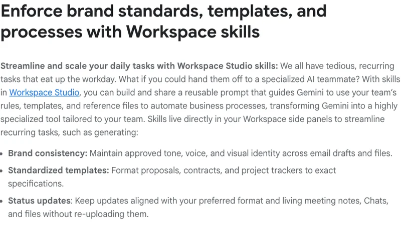 Google Workspace BlogでWorkspace skillsを再利用プロンプトとして紹介する画面