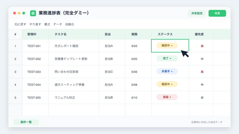 完全ダミーデータで再現したLark Sheets風の業務進捗表サンプル