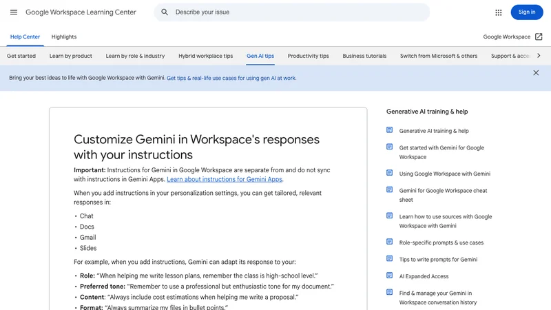 Google Workspace Learning CenterでGeminiのカスタム指示条件が示されている画面