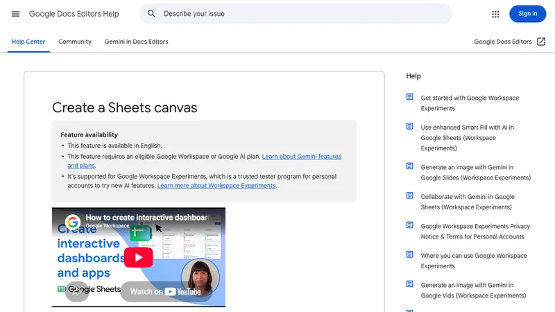 Sheets canvasの公式ヘルプ。英語対応と対象プランに関する説明