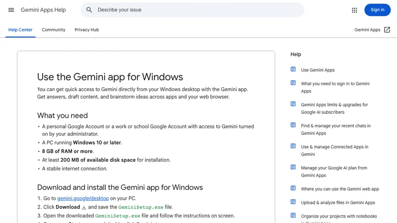 Gemini公式ヘルプに掲載されたWindows版のOS・メモリ・空き容量の条件