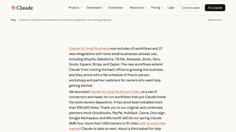 Claude for Small Businessが43ワークフローと27連携に拡張されたことを伝える公式発表ページ