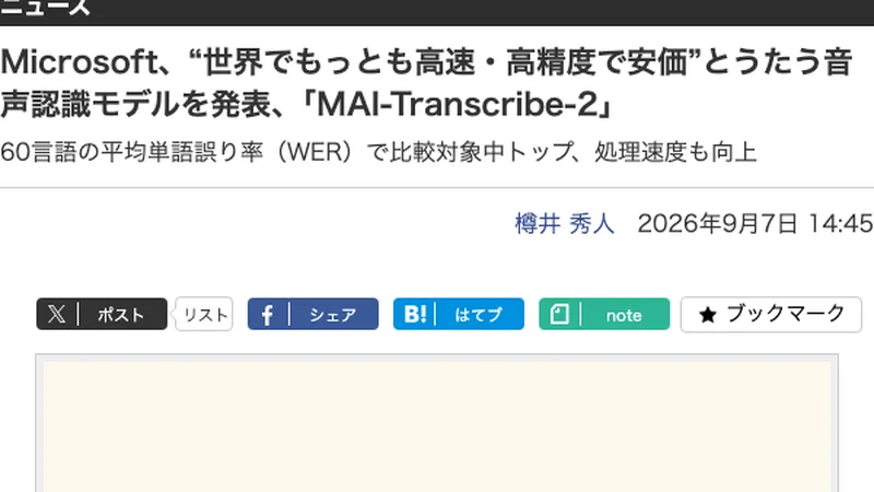 MAI-Transcribe-2の精度と処理速度を報じる日本語ニュース記事
