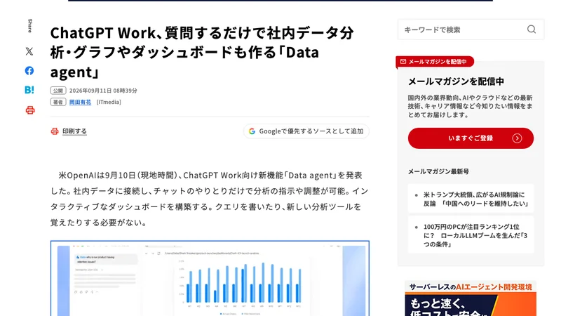 ChatGPT WorkのData agent発表を報じるITmediaの記事