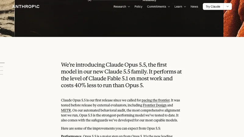 Claude Opus 5.5の公式発表ページ。Fable 5.1水準の性能でOpus 5比40%低コストと説明