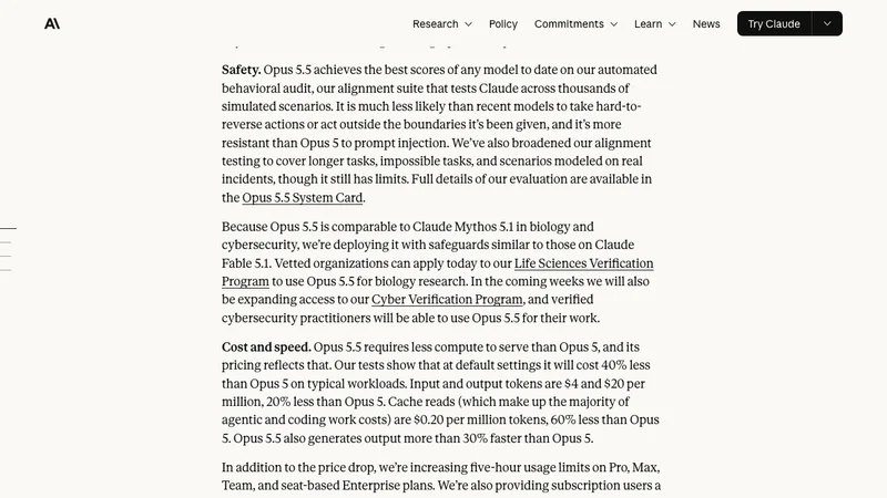Claude Opus 5.5の料金と安全性に関する公式説明。入力4ドル・出力20ドル・キャッシュ読み取り0.20ドル