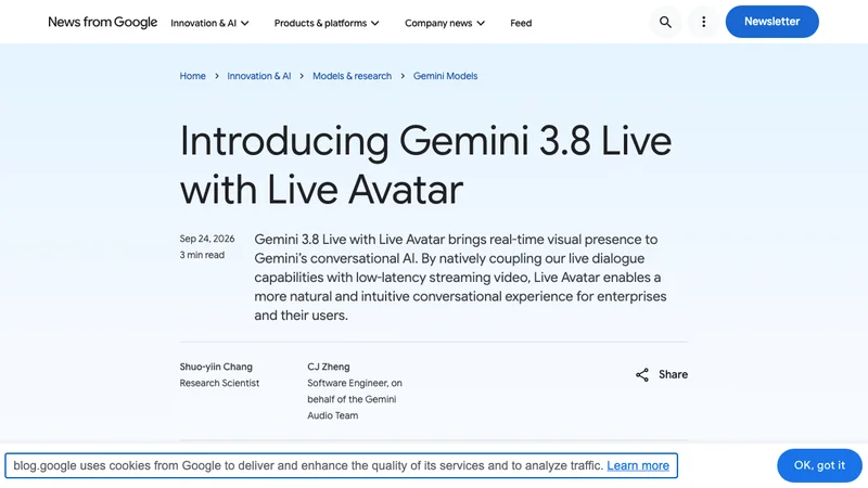 Gemini 3.8 Live with Live Avatarを紹介するGoogle公式発表ページ