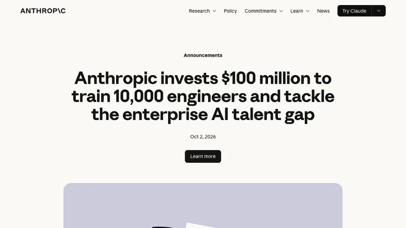 Anthropicが発表した1億ドルで10,000人を育成するClaude Frontier Academyの公式ページ