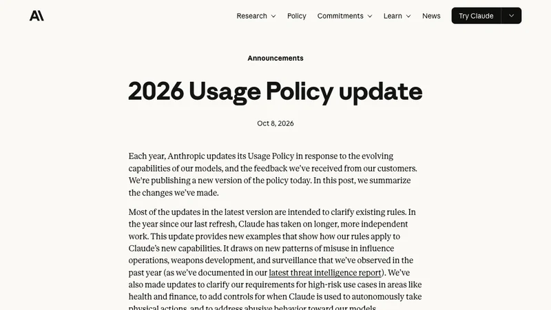 Anthropic公式サイトに掲載された2026 Usage Policy updateの発表画面