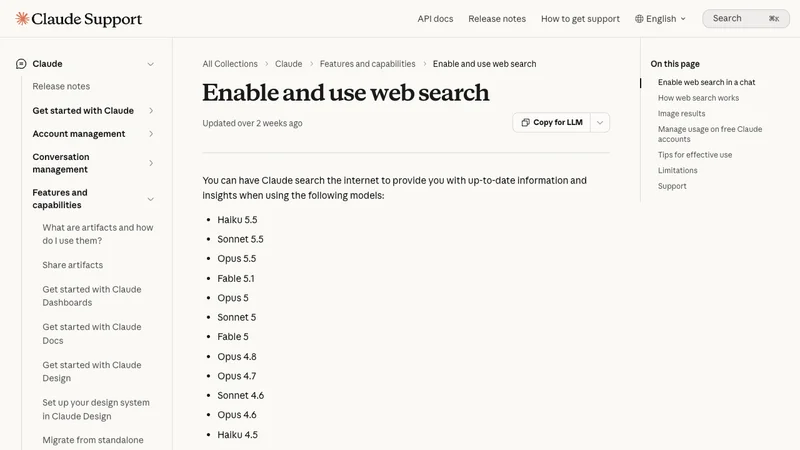 Claude公式ヘルプのWeb検索説明。検索結果には出典を表示し、重要情報の確認を案内している画面。
