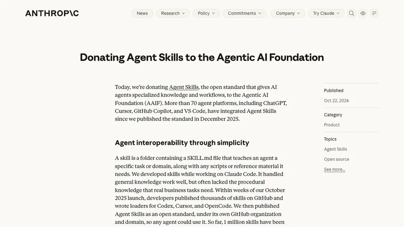 AnthropicによるAgent SkillsをAgentic AI Foundationへ寄贈する公式発表画面