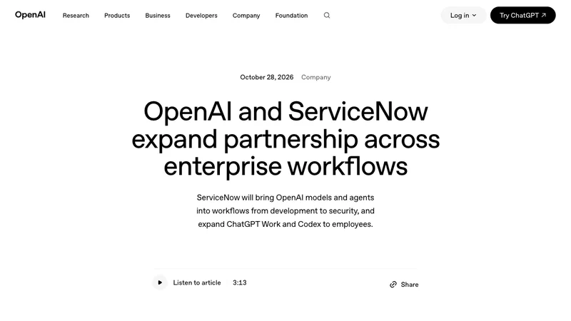OpenAI公式サイトに掲載されたServiceNowとChatGPTの連携拡大発表画面