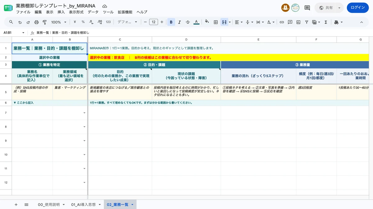 改修後の業務一覧シート。選択中の業種に応じて業務領域の候補が自動で切り替わることを示す画面